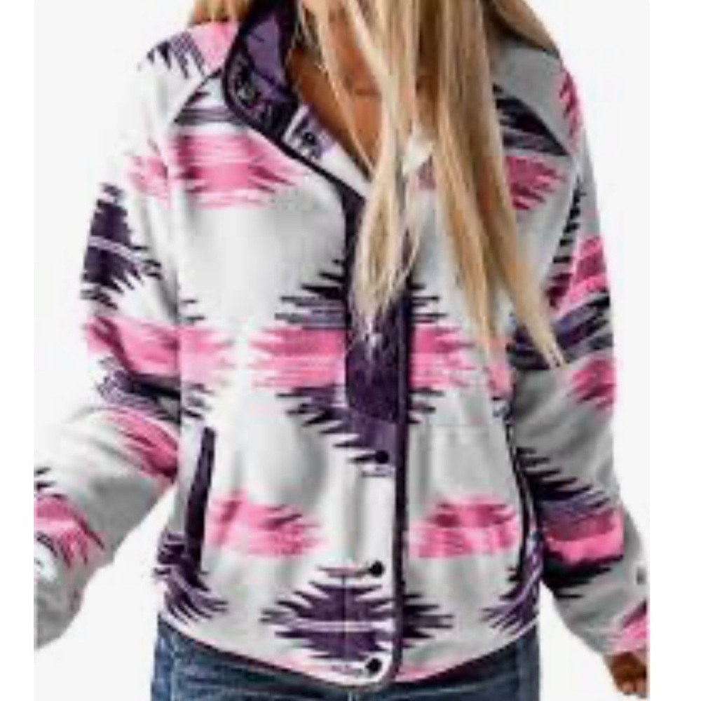 Southwestern Aztec Retro Print Snap-Front Fleece Jacket - Hot Pink/Purple